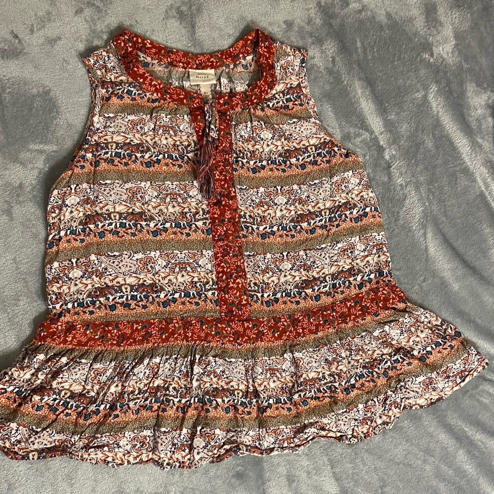 Knox Rose Top Womens XL Babydoll‎ Tank Burgundy Boho Floral Tassel Tie Ruffle